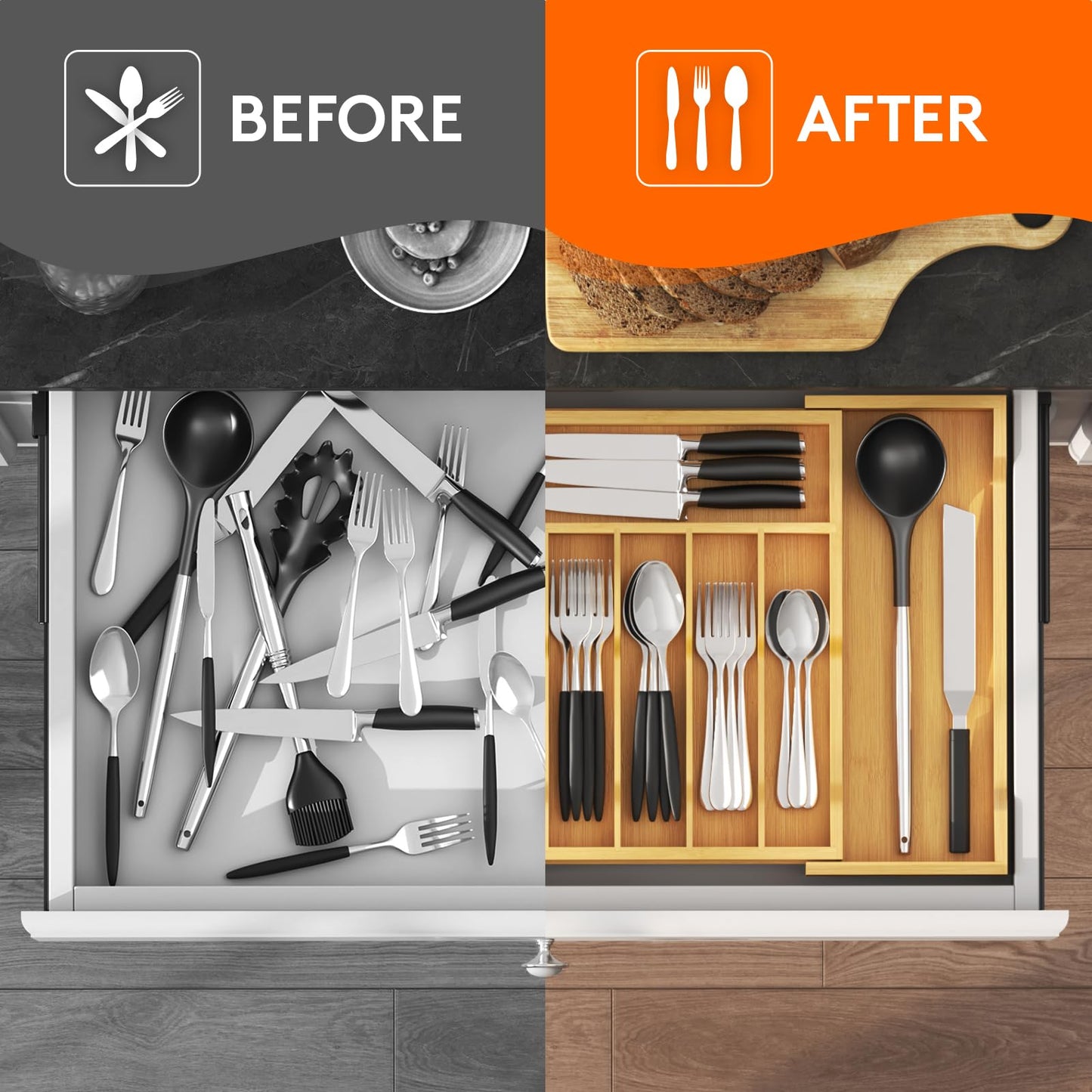 Lifewit Silverware Drawer Organizer, Expandable Utensil Tray for Kitchen, Bamboo Flatware and Cutlery Holder, Wood Adjustable Storage for Spoons Forks Knives, Large, Natural