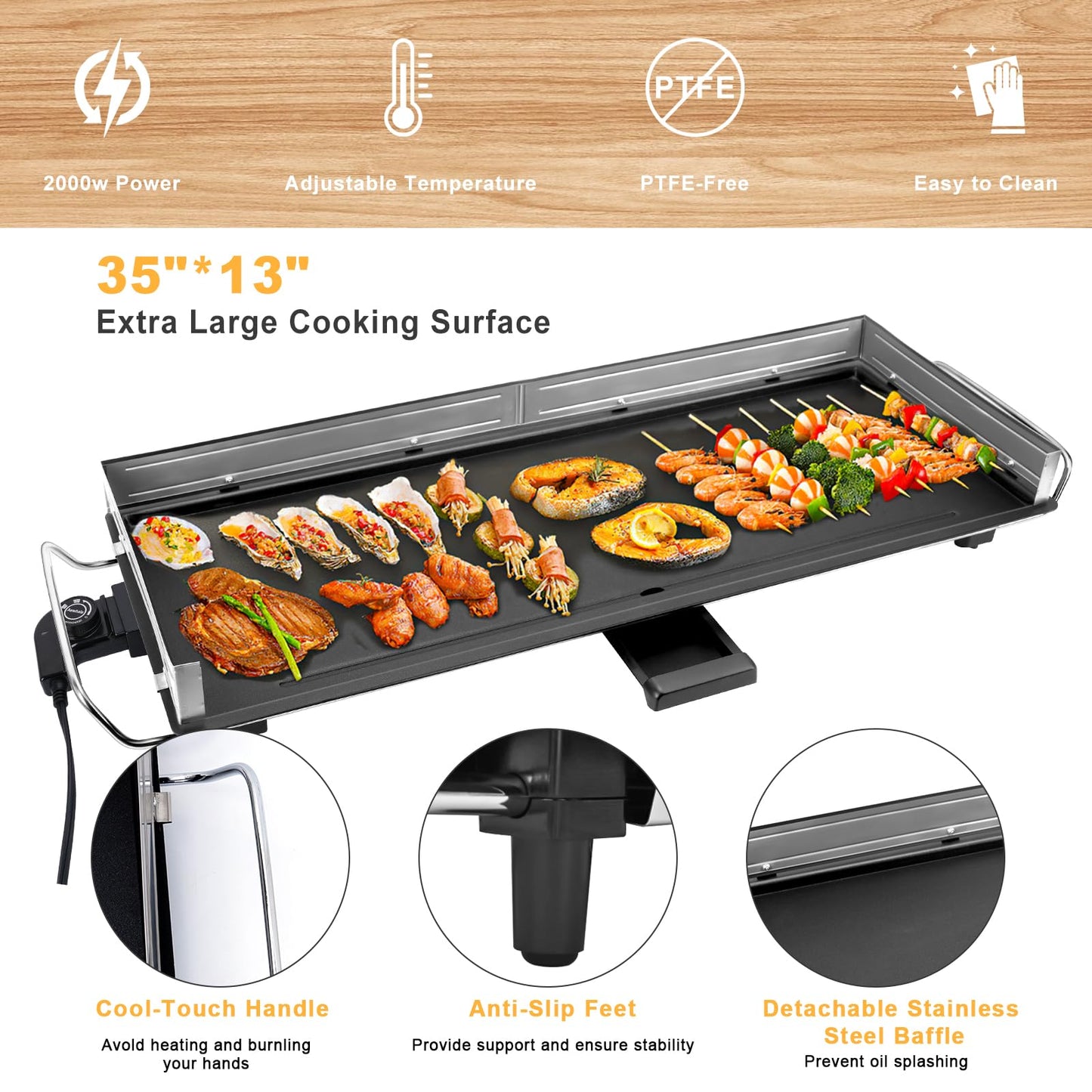 AEWHALE 35" Electric Nonstick Extra Large Griddle Grill-Teppanyaki Grill BBQ Indoor/Outdoor with Adjustable Temperature,Detachable for Easy Cleaning,Extra Wide