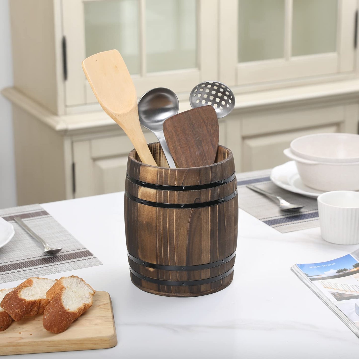 MyGift Wine Barrel Design Kitchen Utensil Crock, Vintage Rustic Burnt Wood Cooking Tool Holder