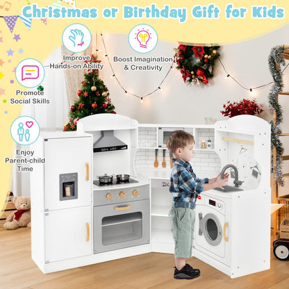 HONEY JOY Corner Kids Kitchen Playset, Ultimate Wooden Play Kitchen for Toddlers, Washing Machine, Ice Maker, Sink, Microwave, Little Chef Pretend Play Toy Kitchen Set, Gift for Boys Girls, White