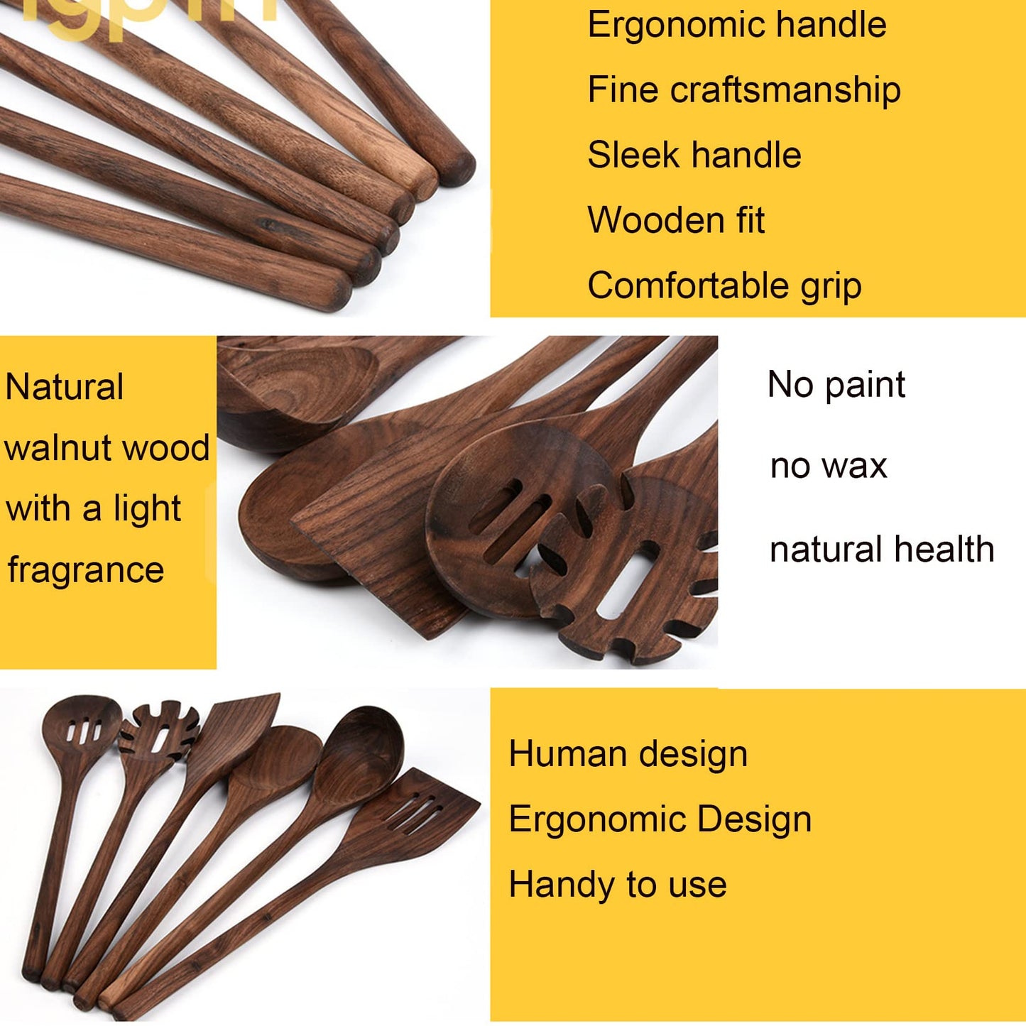 Wooden Kitchen Utensils Set for Cooking, 6 PCS Natural Black Walnut Cooking Utensils Wood Solid Spoon Slotted Spoon Spatula Slotted Spatula Spaghetti Server Set for Nonstick Cookware,6pcs