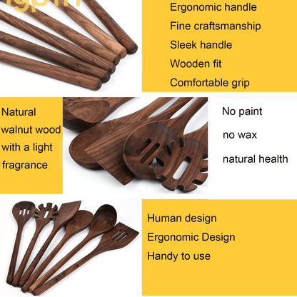 Wooden Kitchen Utensils Set for Cooking, 6 PCS Natural Black Walnut Cooking Utensils Wood Solid Spoon Slotted Spoon Spatula Slotted Spatula Spaghetti Server Set for Nonstick Cookware,6pcs