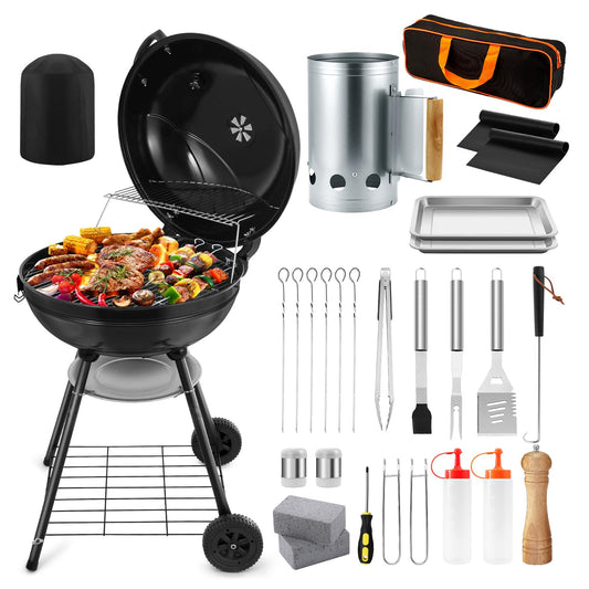 22-inch Charcoal Kettle Grill Set of 31, HaSteeL 2 Layer Grilling Racks Outdoor BBQ Grill, Heavy Duty Large Enameled Grills with Grilling Accessories for Camping Backyard Picnic, Barbecue Spatula