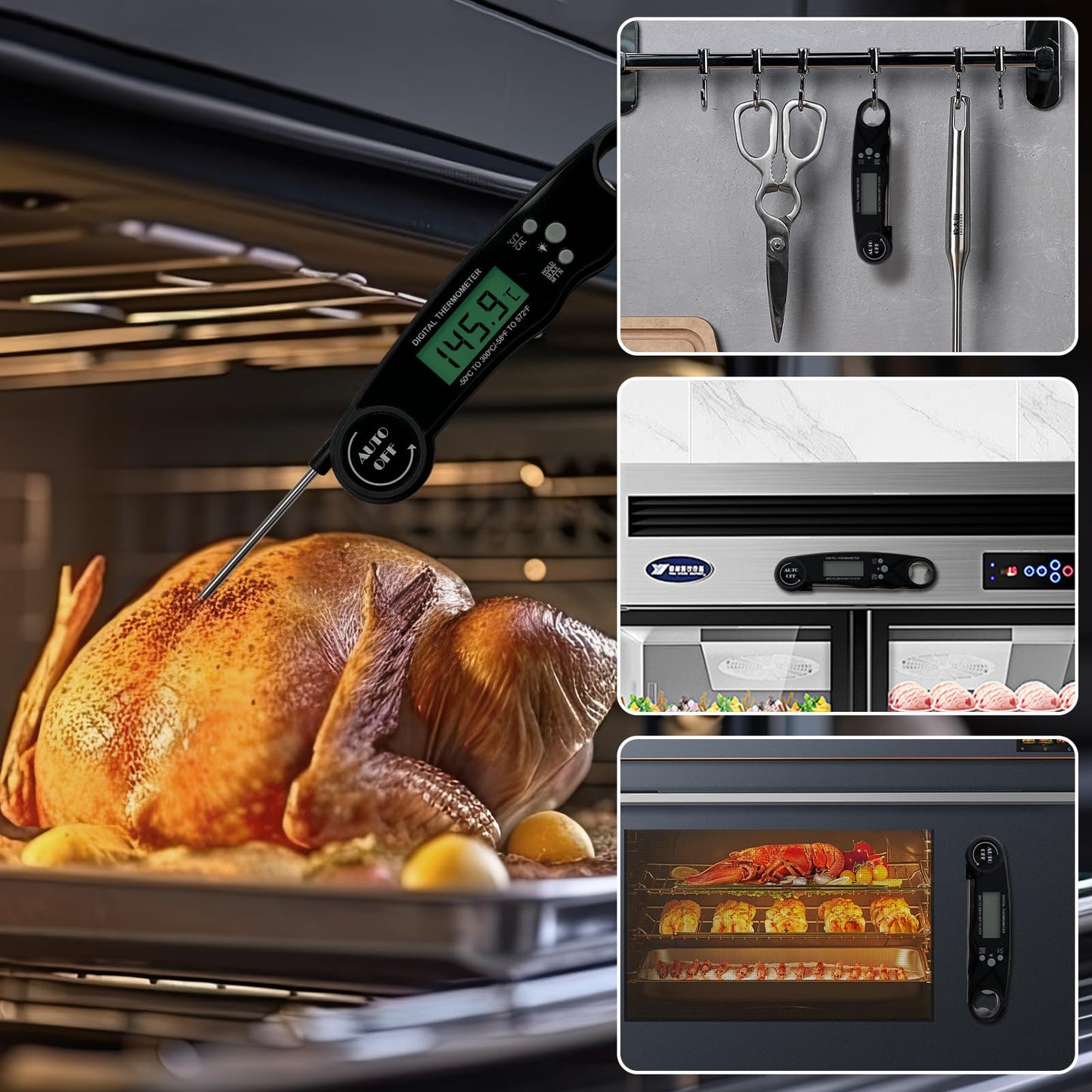 Meat Thermometer Digital for Cooking and Grilling, Collapsible Probe, with Magnet, Calibration, Backlight Waterproof Food Thermometer, Meat, Steak, Turkey (Red)