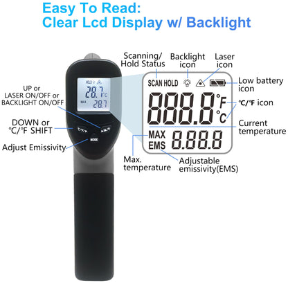 hito Infrared Thermometer Gun Laser Temperature Gun -58°F to 1112°F, Temp Gun for Pizza Oven, Cooking, Refrigerator, Pool, Reptiles, Air Conditioner, for Surface Temperature of Meat, Food, Liquid