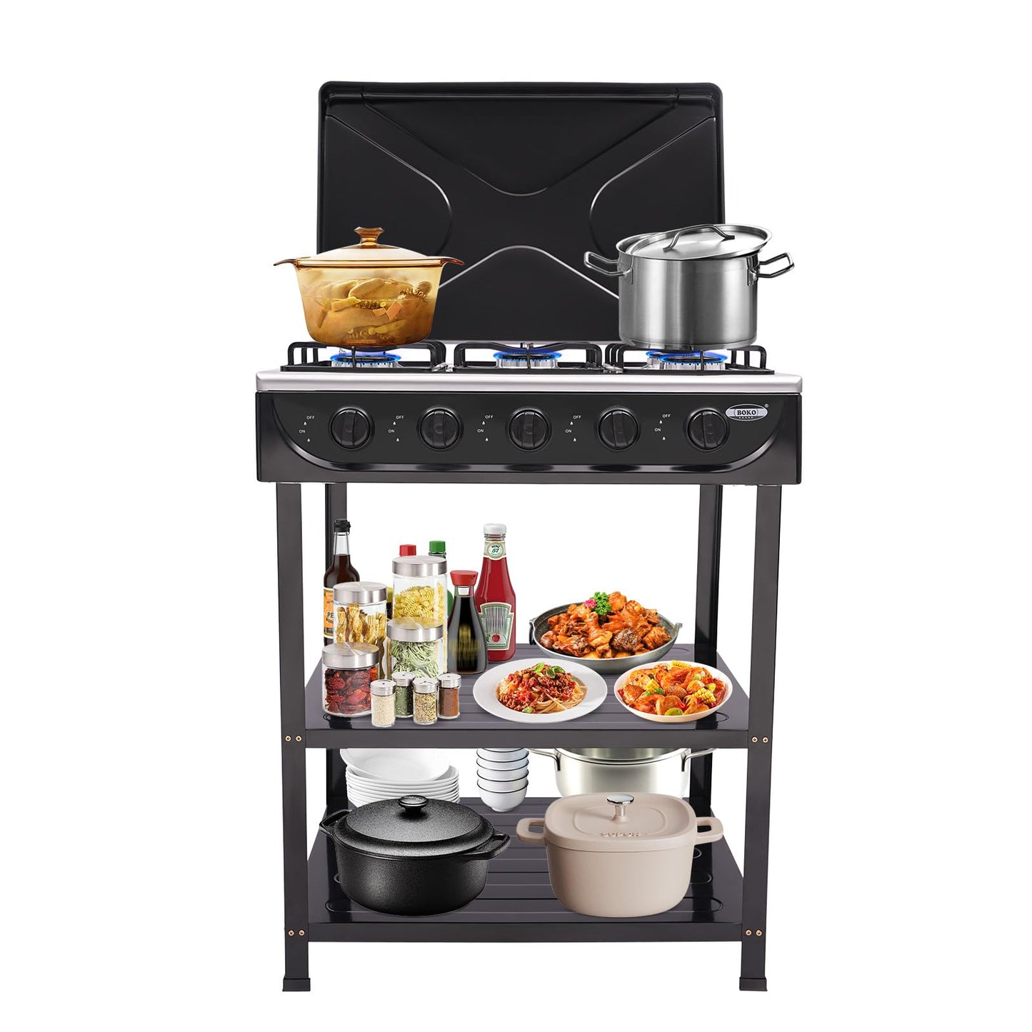YUMIONB 5 Burners BBQ Propane Gas Grill, Freestanding Natural Gas Stove Patio Garden Barbecue Grill Manual Ignition Camping Stove Portable Grills for Stir-Frying, Cooking Pasta, Boiling Soup (Black)