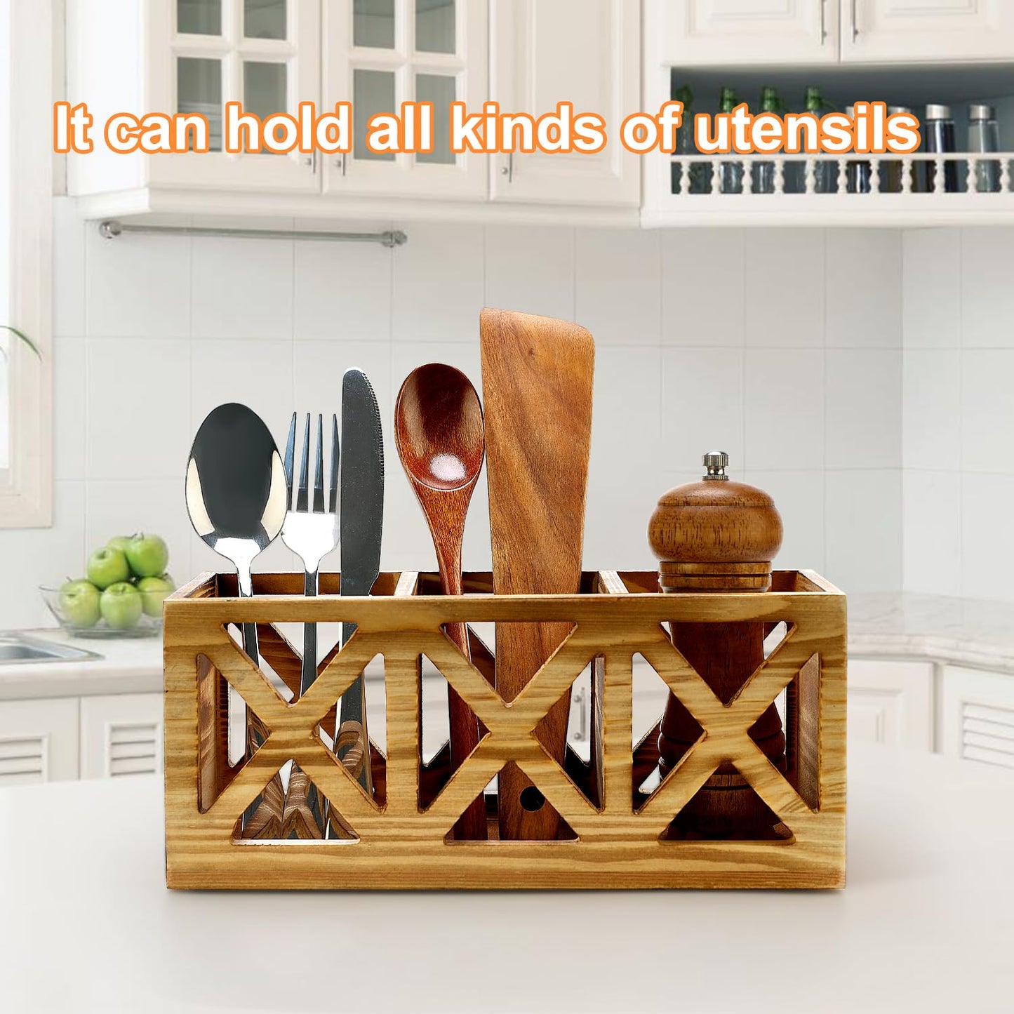 Wooden Cutlery Silverware Holder Flatware Caddy Wood Utensil Organizer for Kitchen Counter Decor Small Silverware Countertop Spoon and Fork Holder Table Utensil Caddy for Party Cutlery Basket