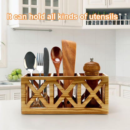 Wooden Cutlery Silverware Holder Flatware Caddy Wood Utensil Organizer for Kitchen Counter Decor Small Silverware Countertop Spoon and Fork Holder Table Utensil Caddy for Party Cutlery Basket
