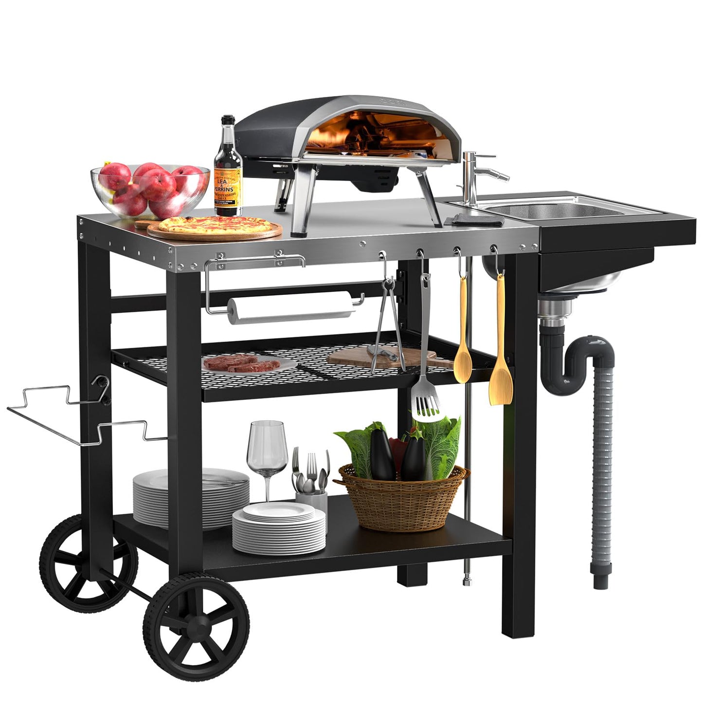 Outdoor Grill Table with Sink, Pizza Oven Cart with Drawer & Wheels, Movable 3 Shelf Food Prep Table for Ninja Woodfire, Blackstone Griddle Stand, Ooni Pizza Oven, Cuisinart, Cooking Station