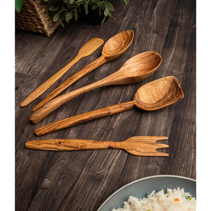 Premium Olive Wood Cooking Utensil Set - 5-Piece Artisan Cooking and Serving Utensil Bundle, Olive Wood Utensils, Fair-Trade, Handcrafted, Includes 2 Greek Recipes - LESVOS WOODCRAFT