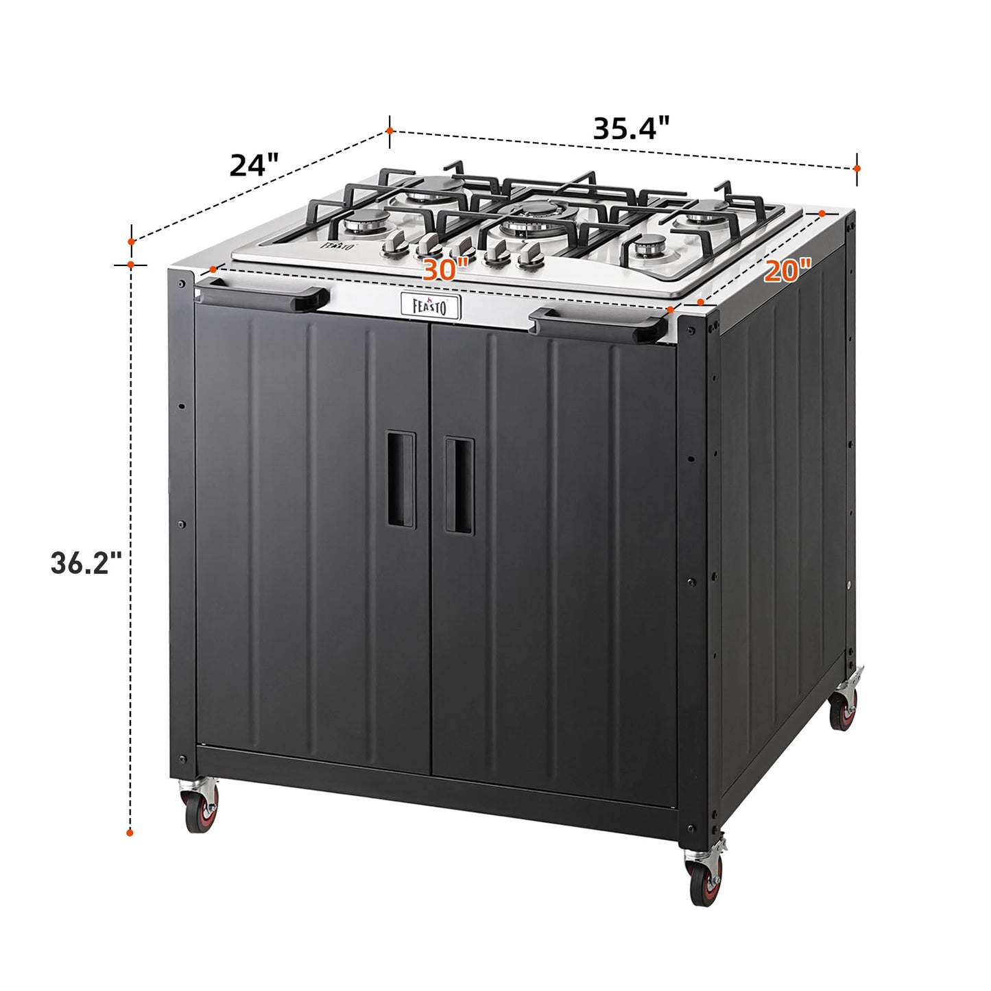 Feasto Gas Grill, Movable Outdoor Gas Stove Stainless Steel Top with Cabinet, 5 Burners with 36,200 BTUs, Outdoor Propane Grill for Outdoor Cooking, Ideal for Lawn & Garden, L35.4” x W24”