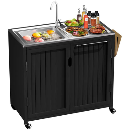 Outdoor Grill Table Kitchen Island with 304 Stainless Steel Top | Rolling Cart with Bar Sink, Faucet & Storage Cabinets | Solid Wood Mobile Prep Station for Pizza Oven & BBQ Accessories (L32.6“xW39”)