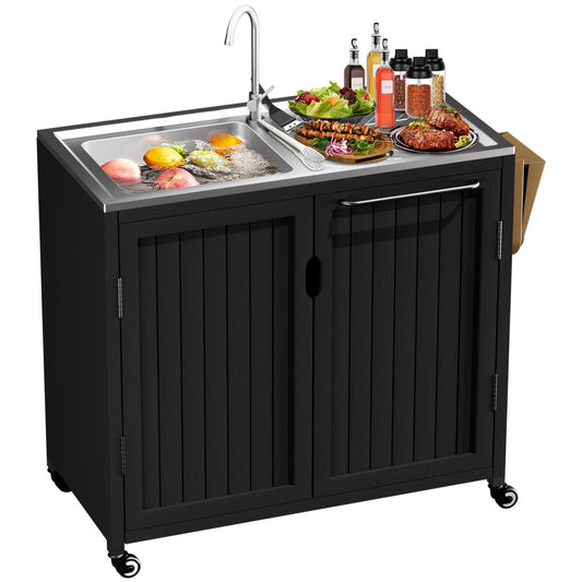 Outdoor Grill Table Kitchen Island with 304 Stainless Steel Top | Rolling Cart with Bar Sink, Faucet & Storage Cabinets | Solid Wood Mobile Prep Station for Pizza Oven & BBQ Accessories (L32.6“xW39”)