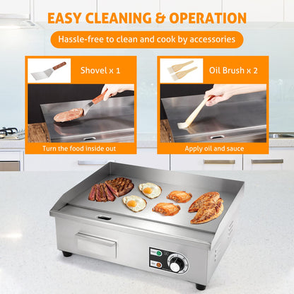 WICHEMI Commercial Electric Griddle 22" 3000W Flat Top Grill Countertop Griddle Stainless Steel Teppanyaki Grill w/Iron Cooking Plate for Restaurant Kitchen, 110V