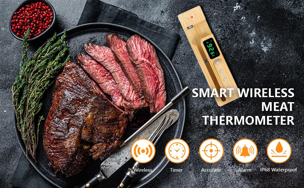 FodoThrem Smart Wireless Meat Thermometer,Digital Cooking Thermometer 700FT Remote Range,Instant Food Thermometer with Wireless Probe & Booster for Grilling and Smoking,BBQ,Oven,Kitchenr