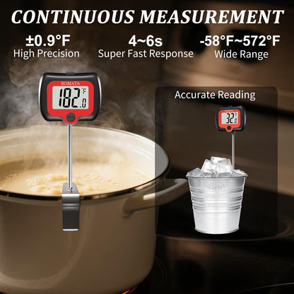 BOMATA Candy Thermometer with Pot Clip, Instant Read Cooking Thermometer with 8" Long Probe, Rotating Display, for Candy Making, Food, Candle Making, Liquids, Water, Baking, Sugar, Grilling. Black