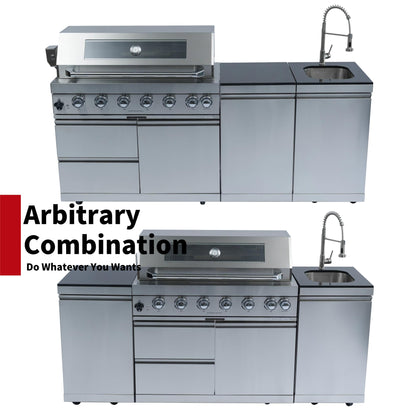 RENDGO 82 Inches 6 Burner Gas Grill Outdoor Kitchen Island, 85,000 BTU Deluxe Stainless Steel Modular Outdoor Kitchen, Sink, Storage Cabinets & Drawers, BBQ Island for Patio Backyard,Stainless Steel