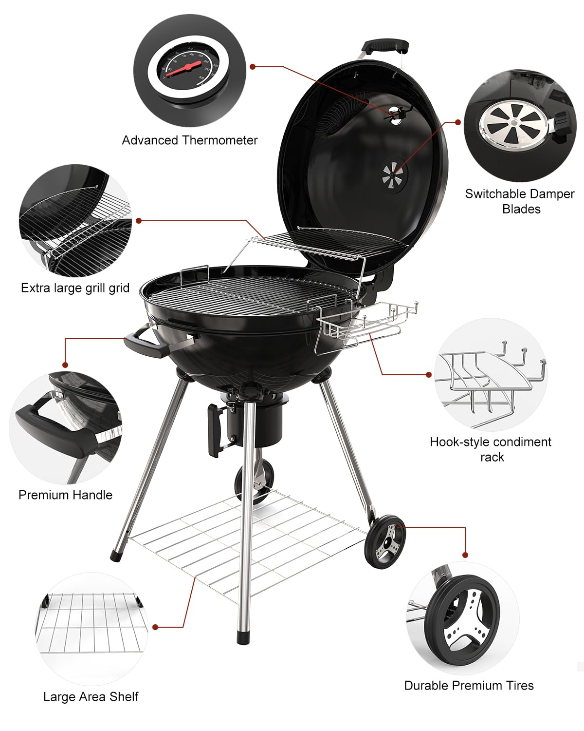 GRILIFE 22 inch Premium Charcoal Grill, Portable Kettle Barbecue Grill, Round BBQ&Smoker Grills Large 2-Tier Cooking Space for Outdoor BBQ Event, Tailgating, Camping and Backyard, Black