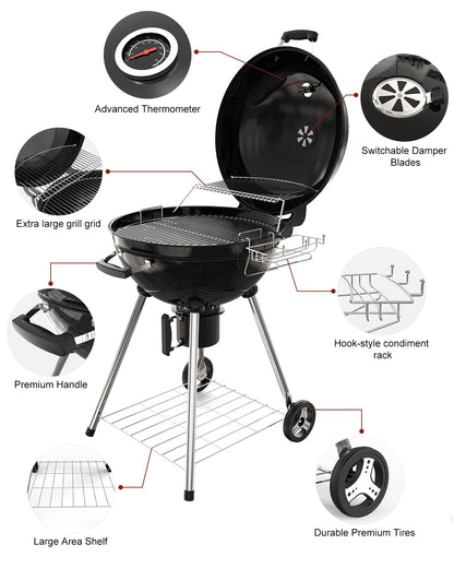 GRILIFE 22 inch Premium Charcoal Grill, Portable Kettle Barbecue Grill, Round BBQ&Smoker Grills Large 2-Tier Cooking Space for Outdoor BBQ Event, Tailgating, Camping and Backyard, Black