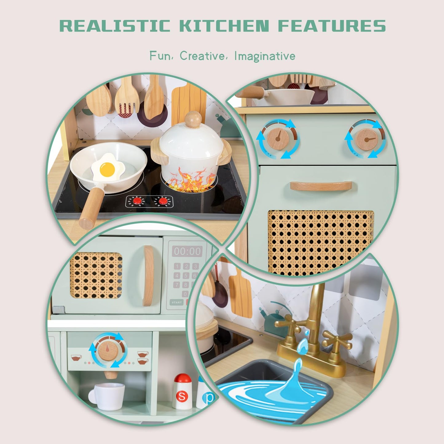 Garsing Play Kitchen for Kids Toddlers with Sounds, Wooden Kids Kitchen Playset with Realistic Features, Modern Toy Kitchen Sets with Storage and Accessories for Boys Girls, Age 3+, Green