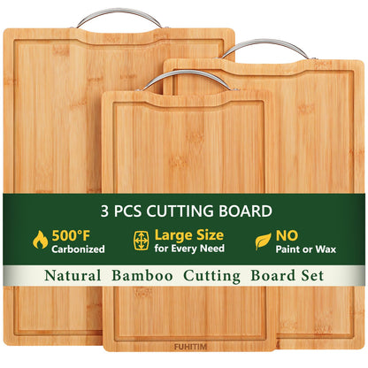 Bamboo Cutting Board, Wooden Cutting Boards for Kitchen with Double Sided Deep Juice Grooves & Wide Handle, Ideal Charcuterie & Chopping Board for Meat, Vegetables and Fruits