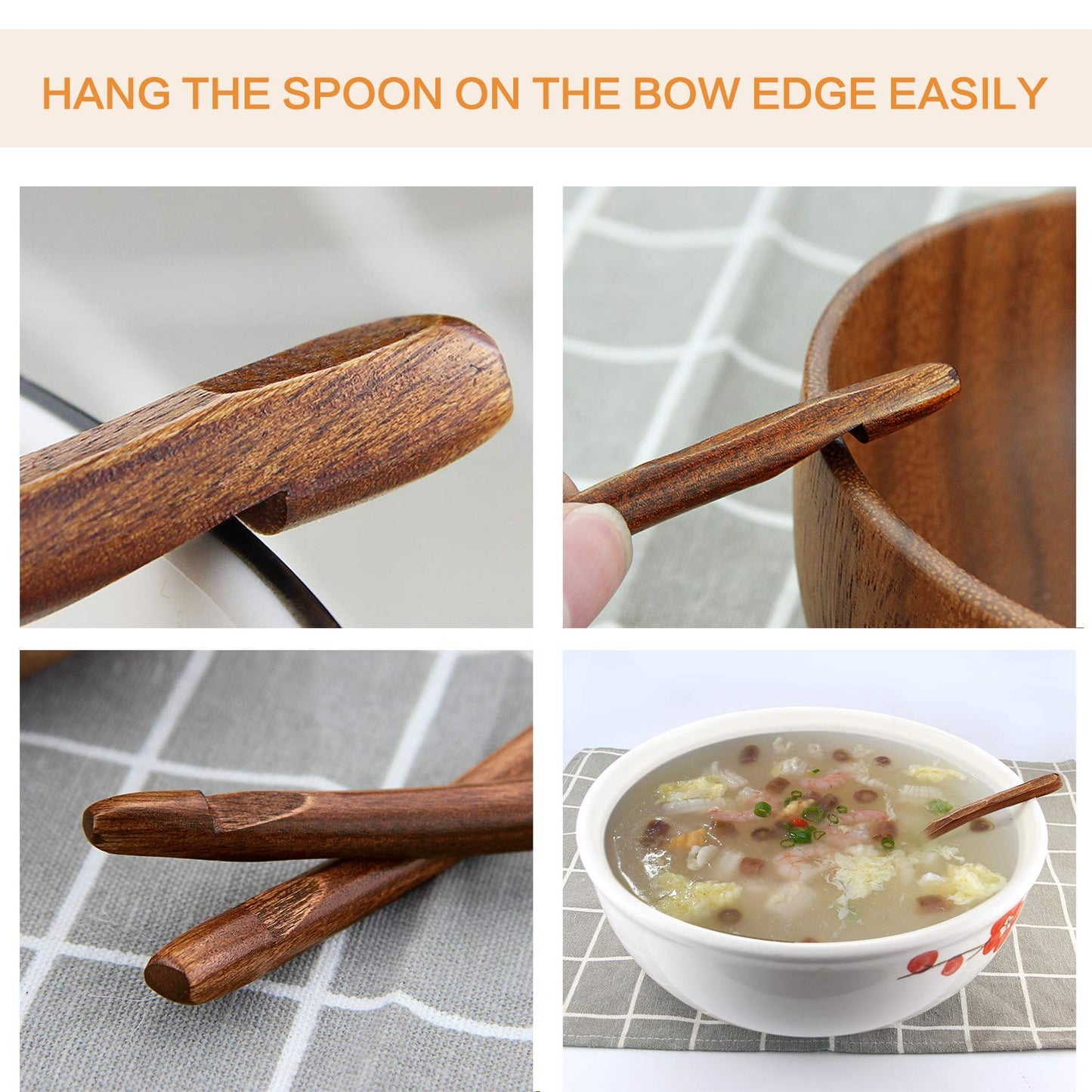 Soup Spoons,AOOSY Wooden Soup Spoons, 6 Pieces 7.84 inches Japanese Ramen Spoon Round Nanmu Wood Long Handle Rice Dessert Cooking Tasting Dinner Table Spoon for Kitchen Restaurant