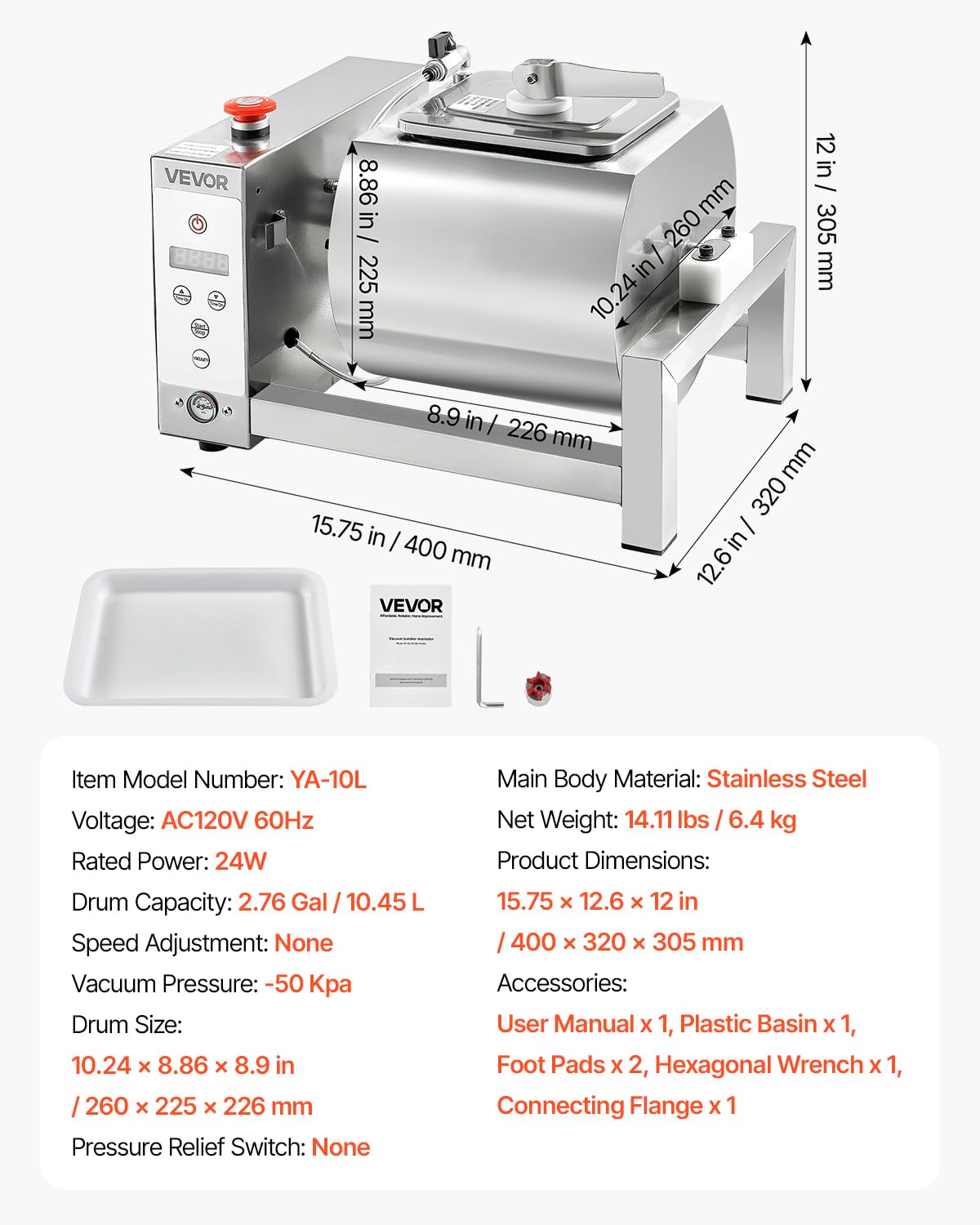 VEVOR Meat Tumbler Marinator, 10L Vacuum Tumbler Marinating Machine with Automatic Bidirectional Rotation, Stainless Steel Vacuum Curing Machine for Chicken Steak Pork, Home & Commercial Use