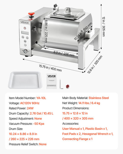 VEVOR Meat Tumbler Marinator, 10L Vacuum Tumbler Marinating Machine with Automatic Bidirectional Rotation, Stainless Steel Vacuum Curing Machine for Chicken Steak Pork, Home & Commercial Use