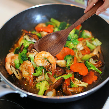 Ptwola Cooking Wooden Spoons Teak Wood Corner Spoon Long Handle Good Grip Ladle Handcraft Heat Resistant Spatula Spoon Tool for Kitchen Non Stick Cookware Baking Serving Mixing Stirring Gravy Utensils