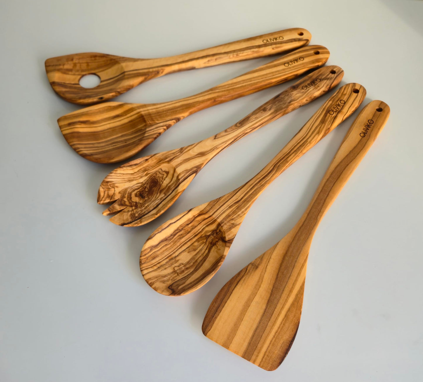 OLIVIKO 100% Olive Wood HAND MADE 5 Spoon Set | Ideal for Nonstick Cookware & Kitchen Utensils | Cooking, Baking & Serving | Eco-friendly & Handmade | 1 Spatulas & 4 Spoons (12-inches)…
