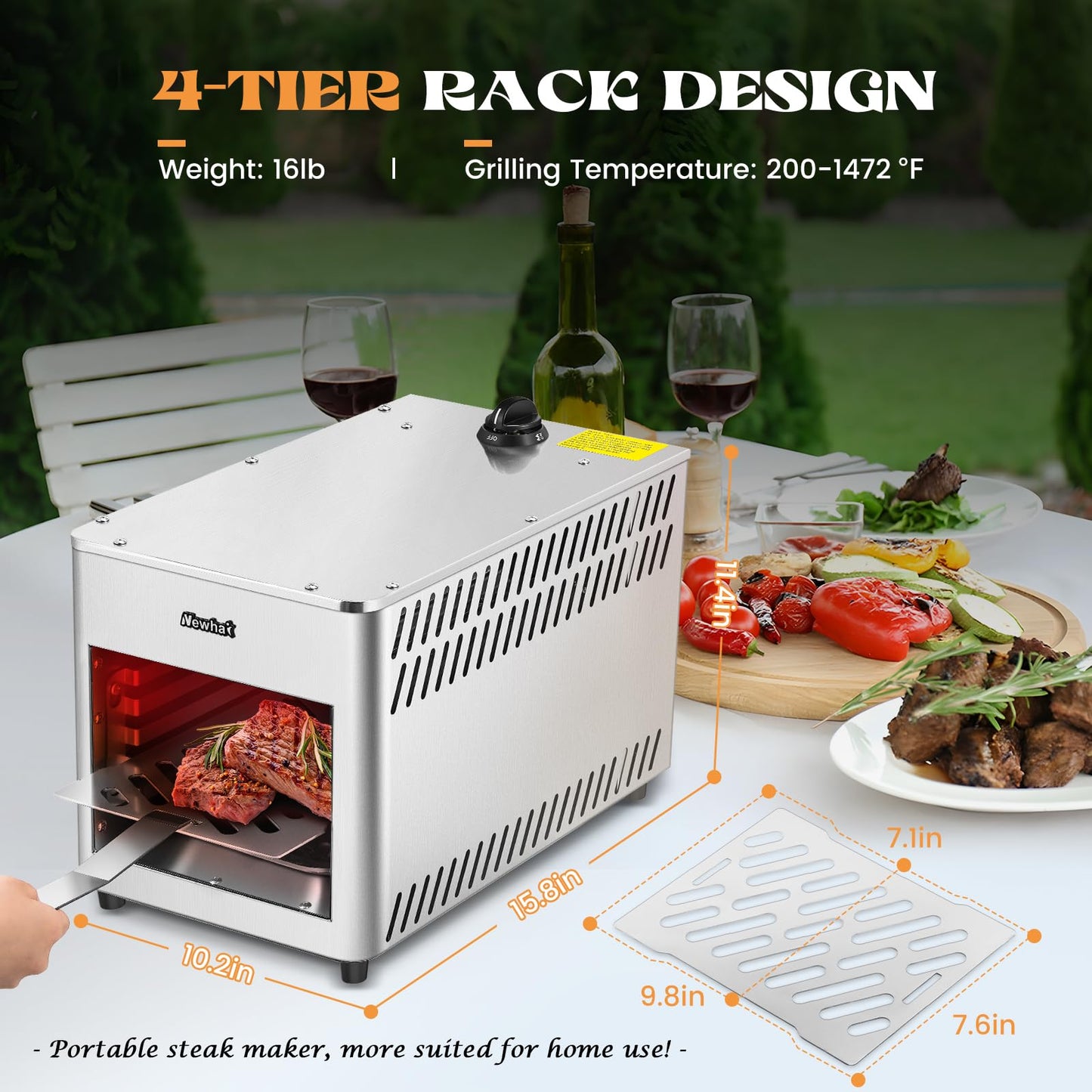 Newhai 1400℉ Propane Steak Broiler Gas Steak Grill for Carnivores Portable Propane Steak Smoker Broiler Stainless Steel Quick Cooking for Outdoor Picnic Beef Chicken Vegetables
