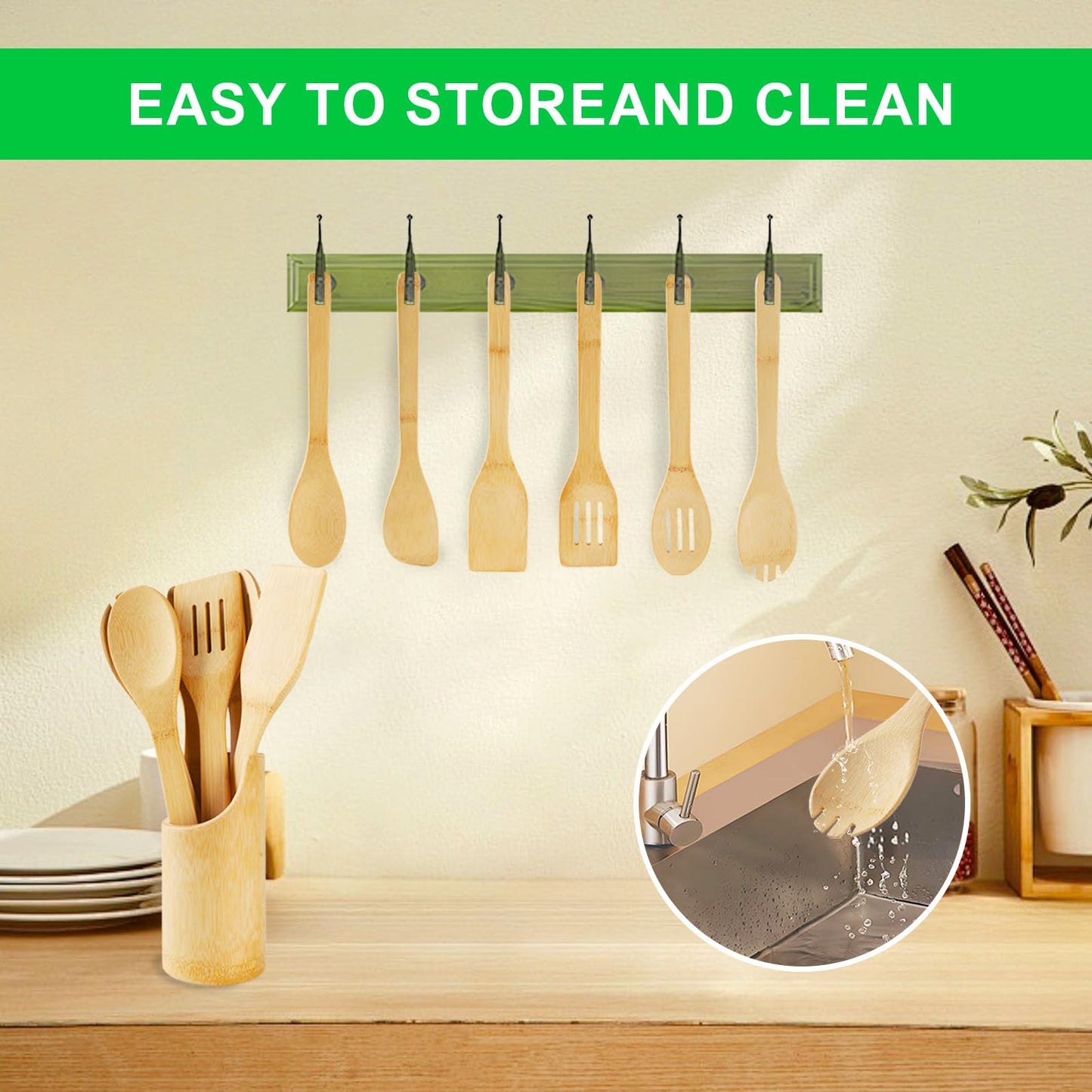 DEBETOOL Bamboo Cooking Utensil Set - Natural Bamboo Wooden Spoons for Cooking, 7piece Kitchen Non-Stick Wooden Spatula Spoons with Utensil Holder for Daily Use