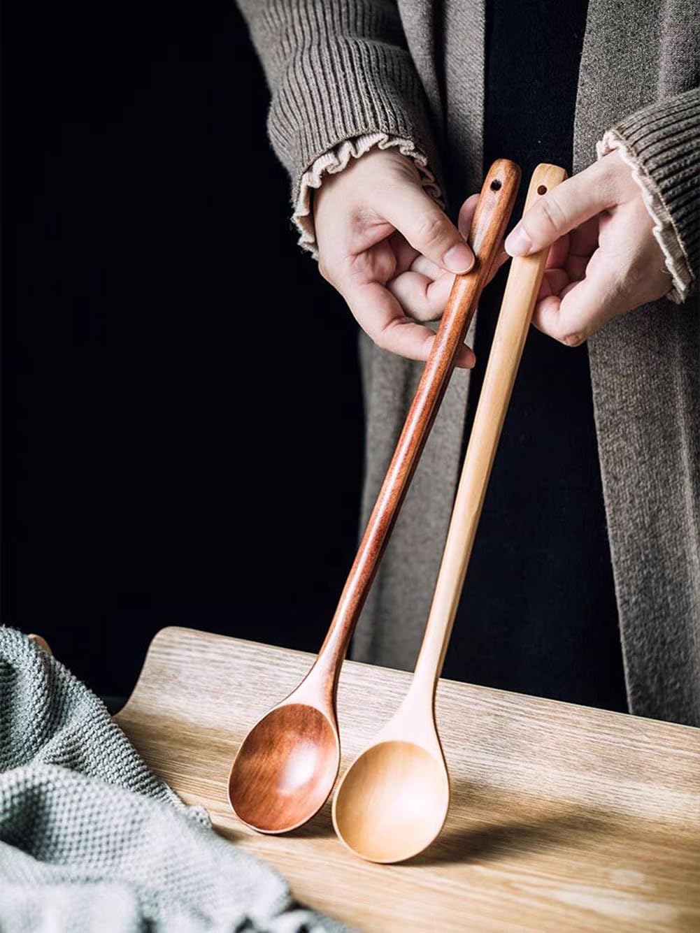 Wood Cooking spoon, 2PCS 13 inches Long Handle Spoons for Mixing,Tasting Stirring food, Large Wooden Cooking Utensils for Cooking and Crafts(Nanmu)