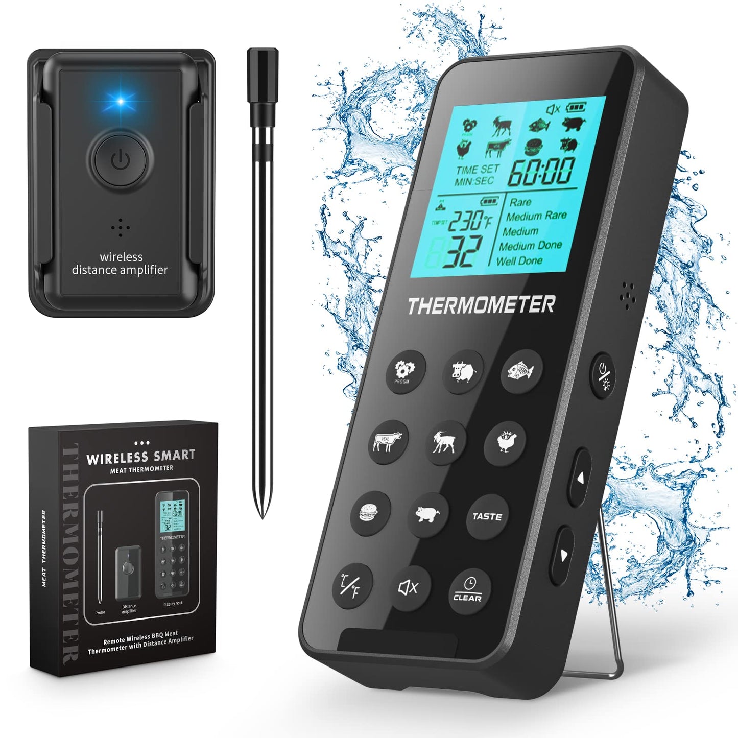 Wireless Meat Thermometer IP67,Kiydom 300FT Digital Wireless Meat Thermometer with Alarm Function for The Oven, Grill, Kitchen, BBQ, Smoker, Rotisserie