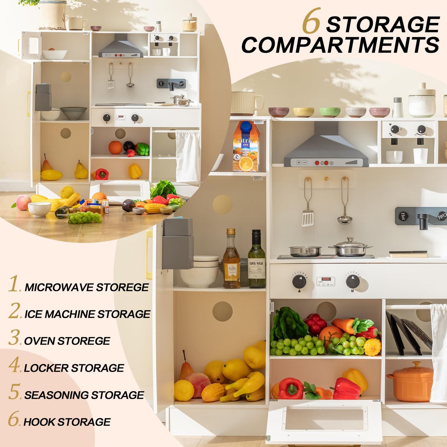 Deli Kids Kitchen Playset, Realistic Wooden Kitchen Playset for Toddlers & Kids with Lights, Sounds & Storage, Ideal Gift for Boys & Girls