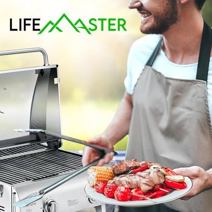 Lifemaster Portable Stainless Steel Gas Grill - 2 Burners Easy Clean Tabletop BBQ Propane Gas Grill with Foldable Legs and Wind Proof Lid for Camping and Outdoor - Silver