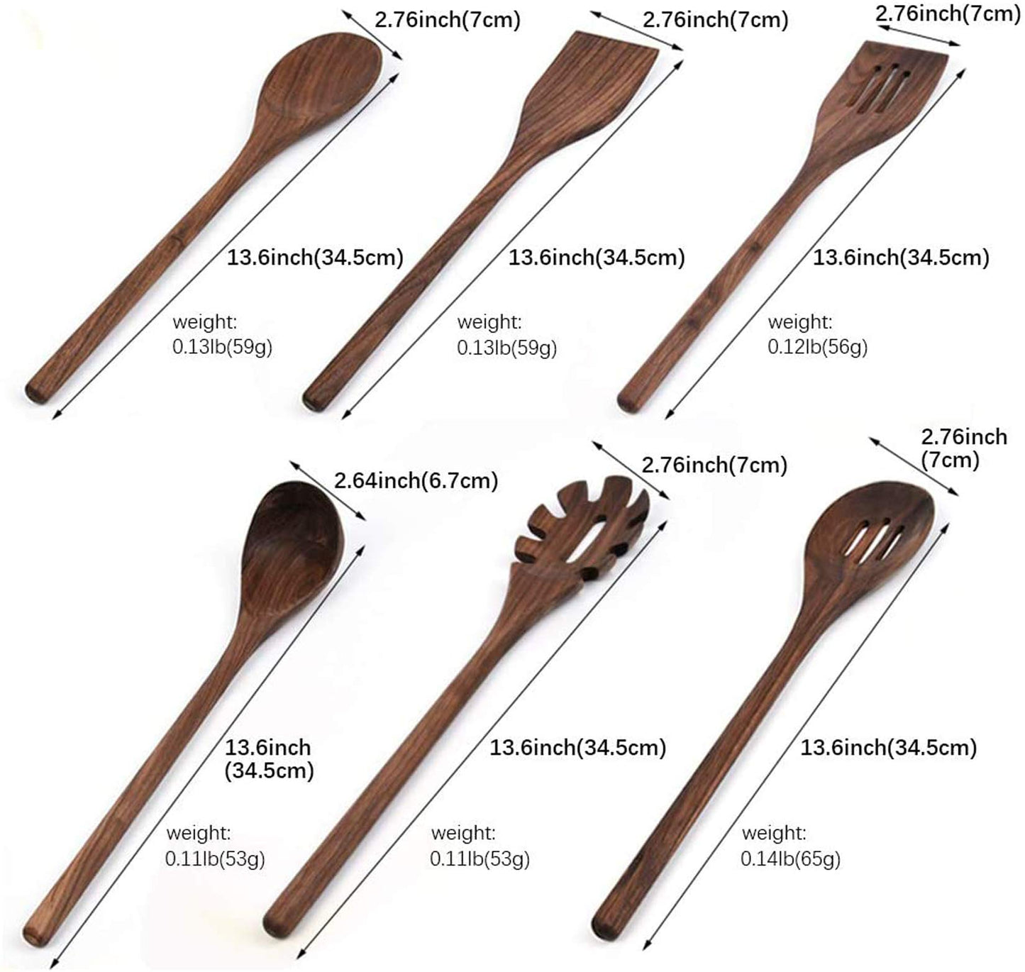 Fiunkes 6 PCS Wooden Kitchen Utensils Set, Black Walnut Wood Long Handle Spoons and Spatula Set for Cooking, Heat Resistant Non-Stick Cookware