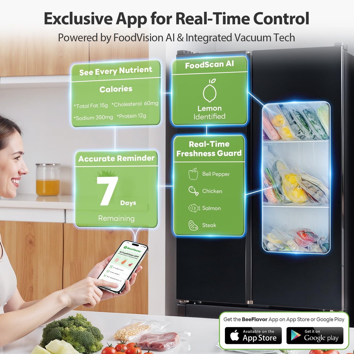 Automatic Food Vacuum Sealer Machine | Beelicious Pro 80KPa 8-In-1 Food Vacuum Saver with Starter Kits | 15 Bags, Pulse Function, Moist & Dry Mode and External VAC for Jars and Containers