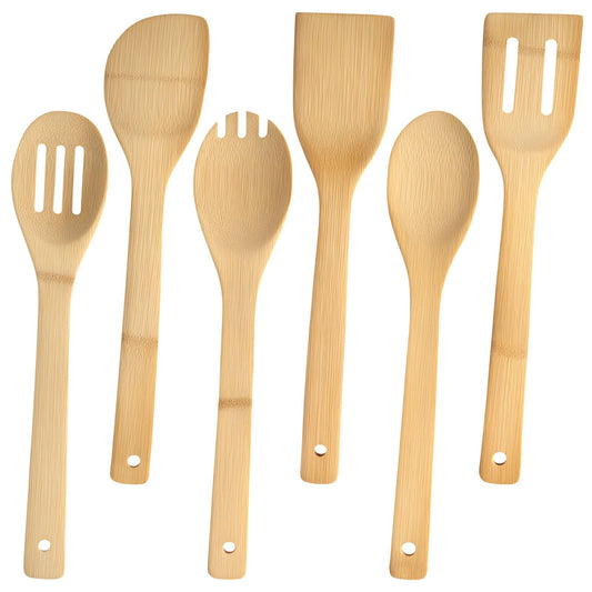 HANSGO Bamboo Wooden Spoons for Cooking 6-Piece, Nonstick Bamboo Kitchen Utensils Set Wood Spatulas Spoons for Daily Use, Housewarming Gifts