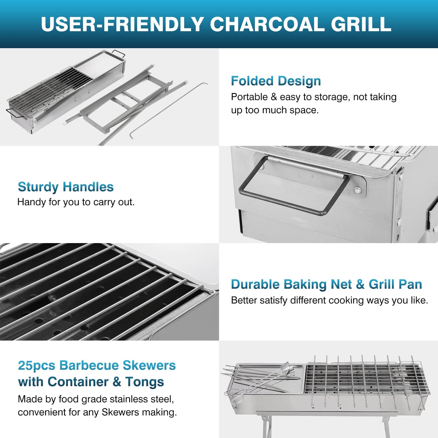 IRONWALLS Portable Charcoal Grills, L 32” x W 8” x H 31” Stainless Steel Folding Yakitori Grill with 25PCS 15” Kebab Skewers for Backyard Barbecue Outdoor Cooking Camping Hiking Picnic