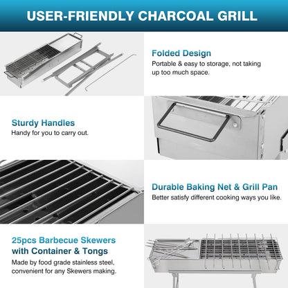 IRONWALLS Portable Charcoal Grills, L 32” x W 8” x H 31” Stainless Steel Folding Yakitori Grill with 25PCS 15” Kebab Skewers for Backyard Barbecue Outdoor Cooking Camping Hiking Picnic