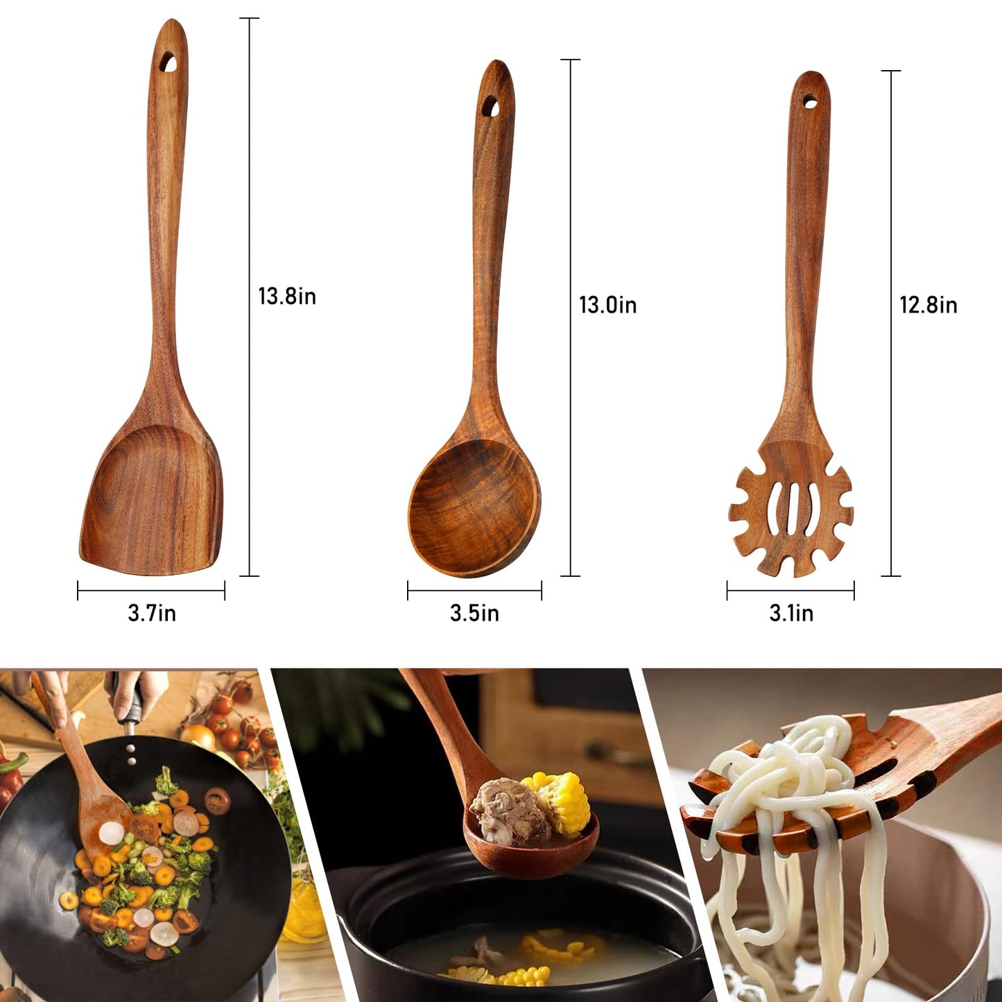 FJNATINH 3-Piece Teak Wooden Wok Spatula Set, Wooden Kitchen Utensil Set, 100% Natural Teak Wood Cooking Utensils