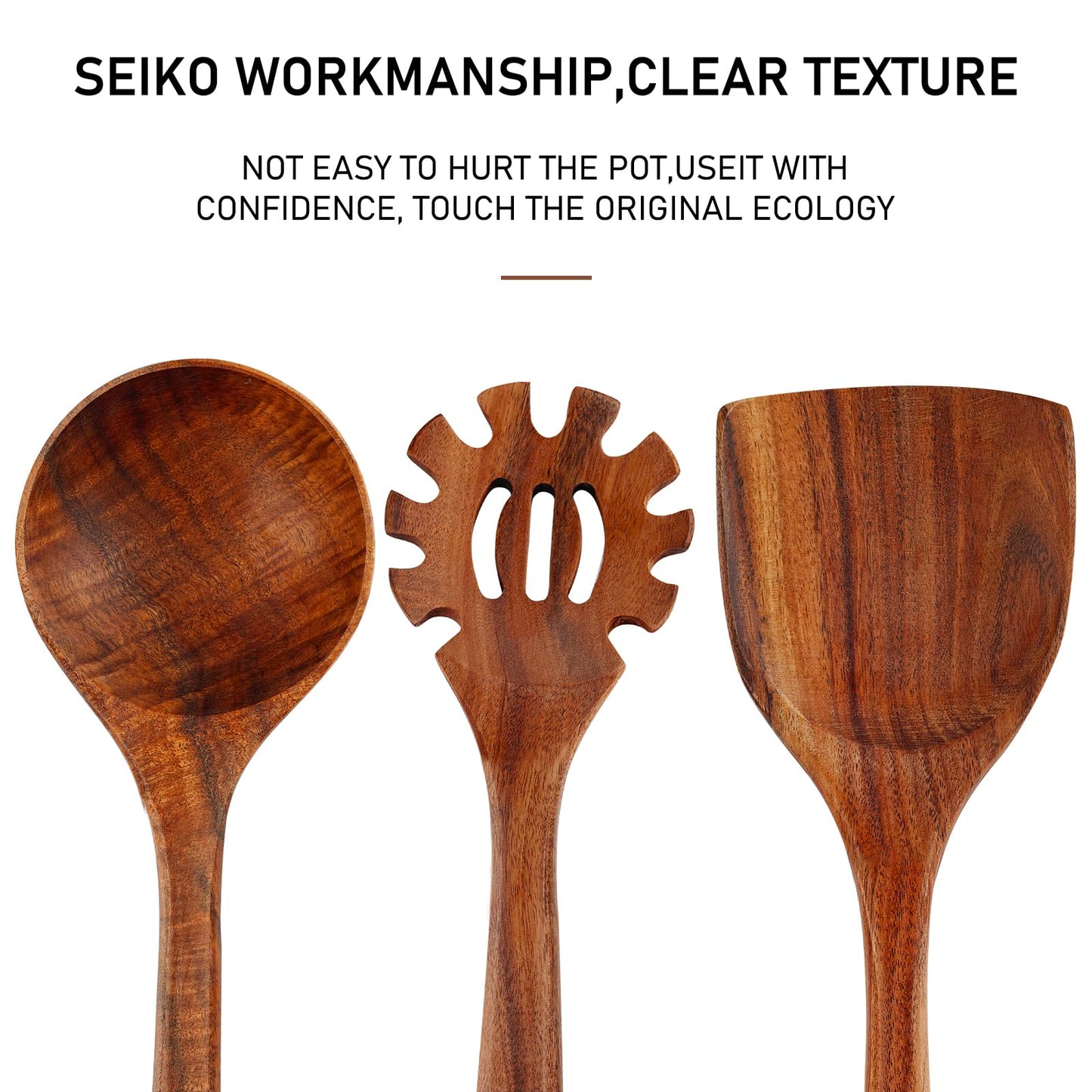 FJNATINH 3-Piece Teak Wooden Wok Spatula Set, Wooden Kitchen Utensil Set, 100% Natural Teak Wood Cooking Utensils