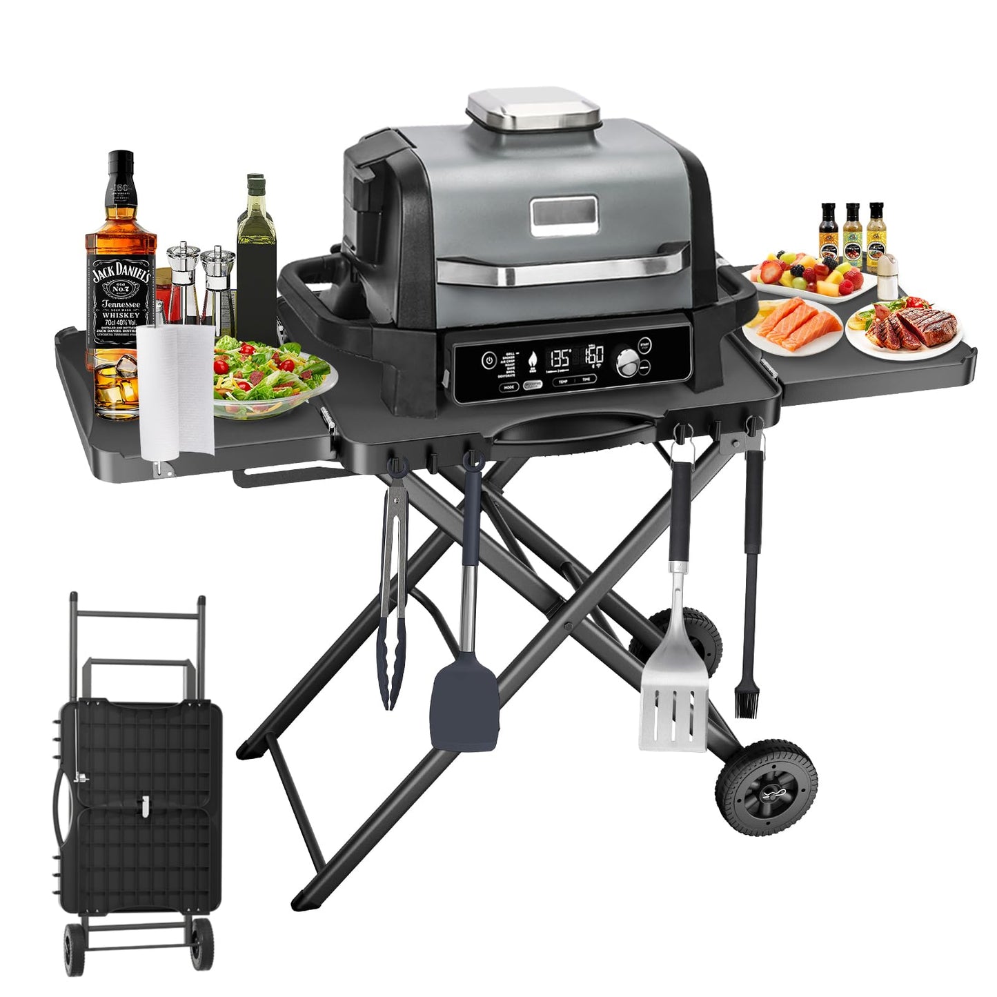 Portable Grill Cart for Ninja Woodfire OG700 OG800 OG900, Blackstone Griddle, for Weber Q100 Q200 Q300, Pizza Oven, Collapsible Grill Stand for Most Portable Grills, Large Surface Grill Trolley