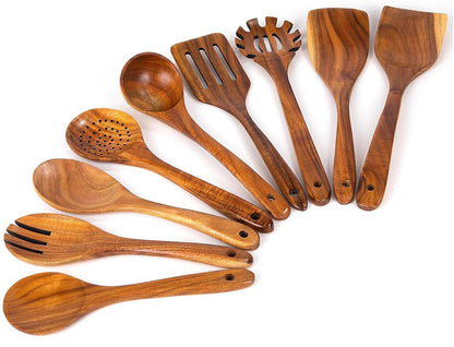 9Pcs Wooden Cooking Utensils, Wooden Spoons for Cooking, Teak Wood Kitchen Utensil Set