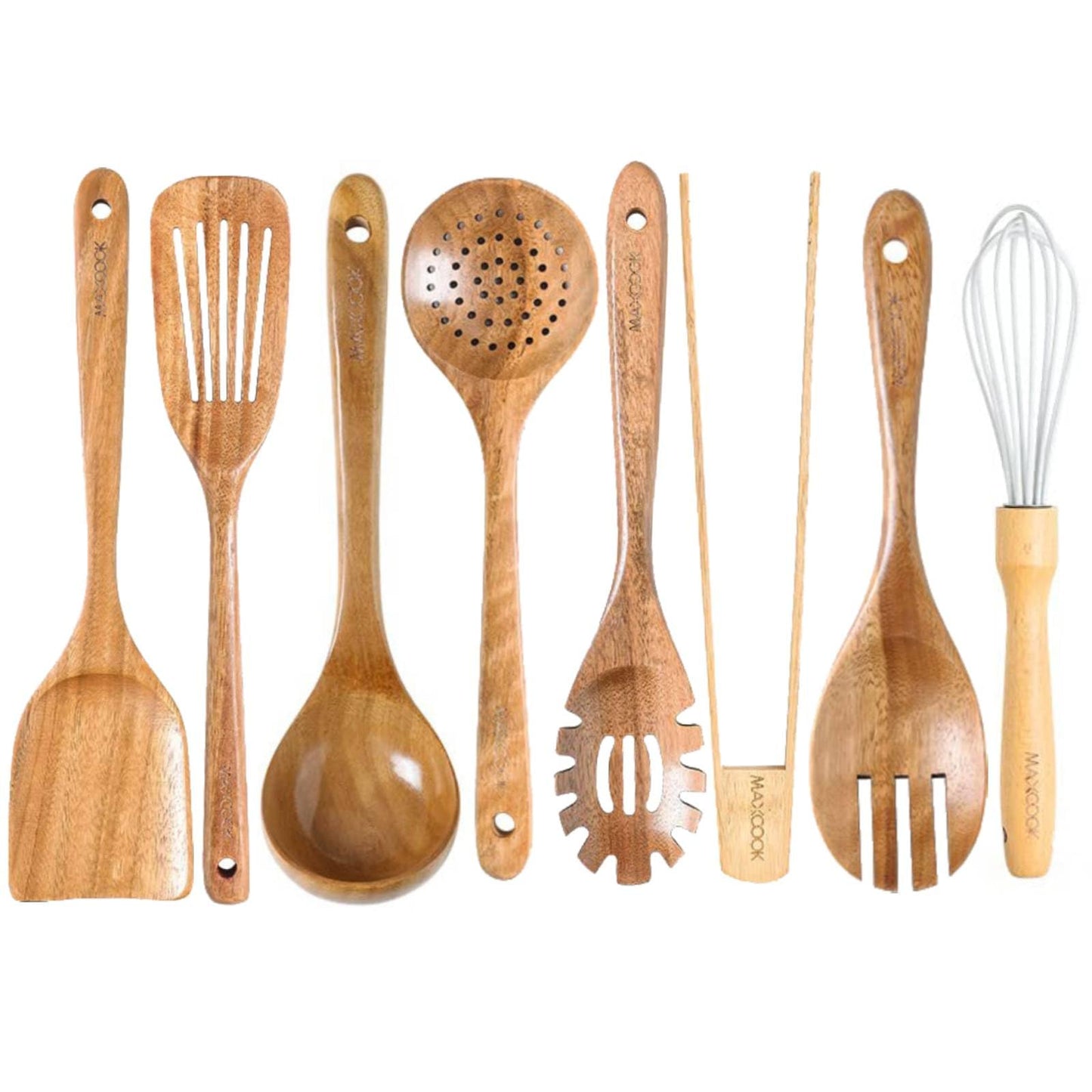MAXCOOK Wooden Spoons for Cooking,8 Pcs Teak Wooden Kitchen Utensils Set,Natural Acacia Wood Non-stick Spatula Cooking Spoons,Lightweight, Convenient, Easy to Wash Cooking Utensil set Wood Whisk