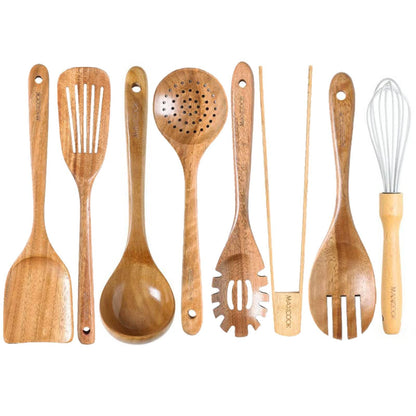 MAXCOOK Wooden Spoons for Cooking,8 Pcs Teak Wooden Kitchen Utensils Set,Natural Acacia Wood Non-stick Spatula Cooking Spoons,Lightweight, Convenient, Easy to Wash Cooking Utensil set Wood Whisk