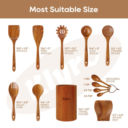 KLYRO Wooden Spoons for Cooking, Nonstick Kitchen Utensils Set with 4 Piece Measuring Spoons, Comfort Grip Wooden Spatula Set, 9 Piece Teak Wooden Cooking Utensils with Holder and Spoon Rest