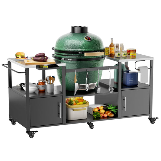 KEIKI Outdoor Grill Table for Big Green Egg Style BBQ, Metal Grill Cart with Storage Box, Compatible with up to Large Green Egg, Kamado Joe Jr