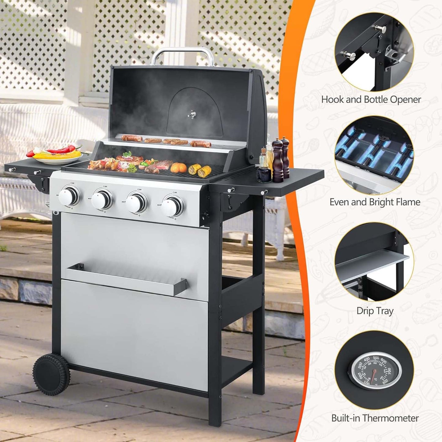 4-Burner Propane Gas Grill with 2 Foldable Side Tables, 34,200 BTU Outdoor BBQ Grill with Porcelain-Enameled Flame Tamers, Built-in Thermometer, Easy Assembly for Patio, Backyard BBQ
